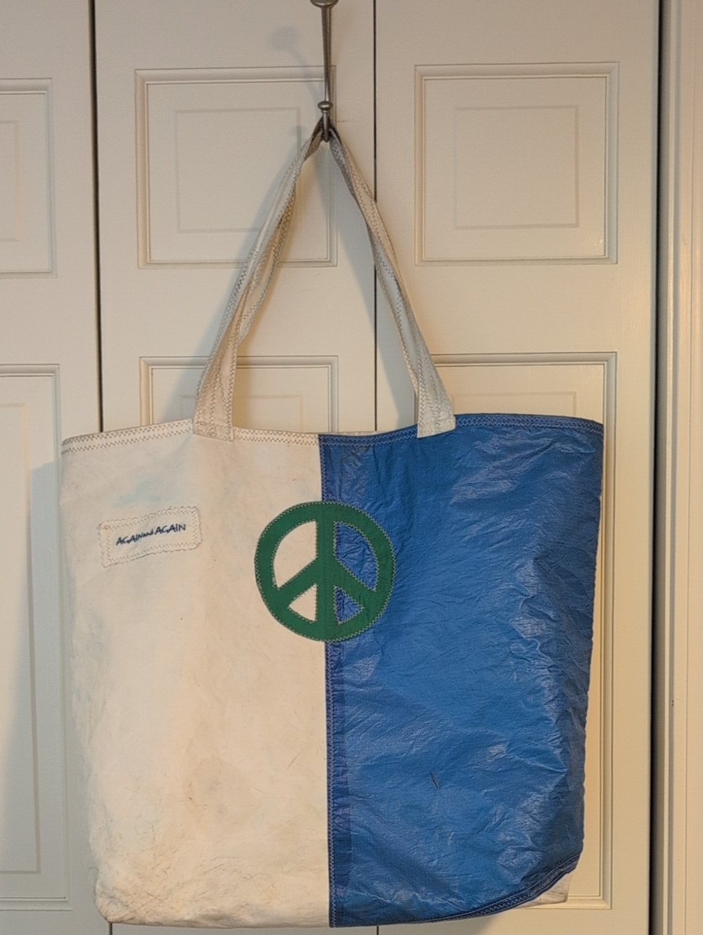 Again And Again Blue & White Canvas Tote Made Of Sails with Green Peace Patch